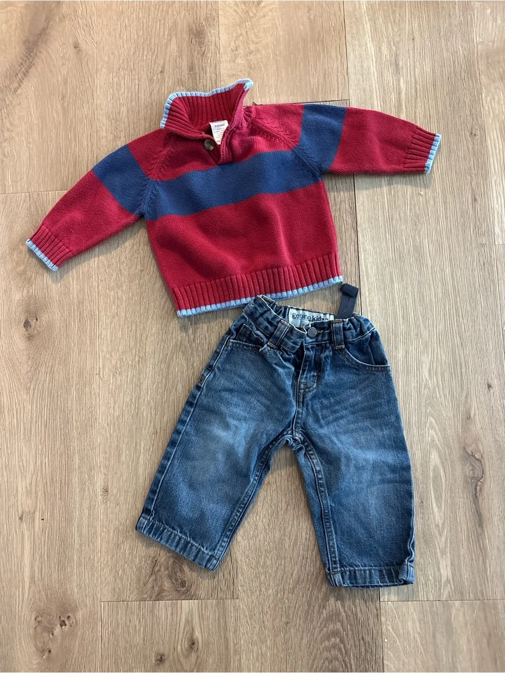 Boys 2 piece preppy Denim Jean set with Football Aplique on Sweater 6-12 Months